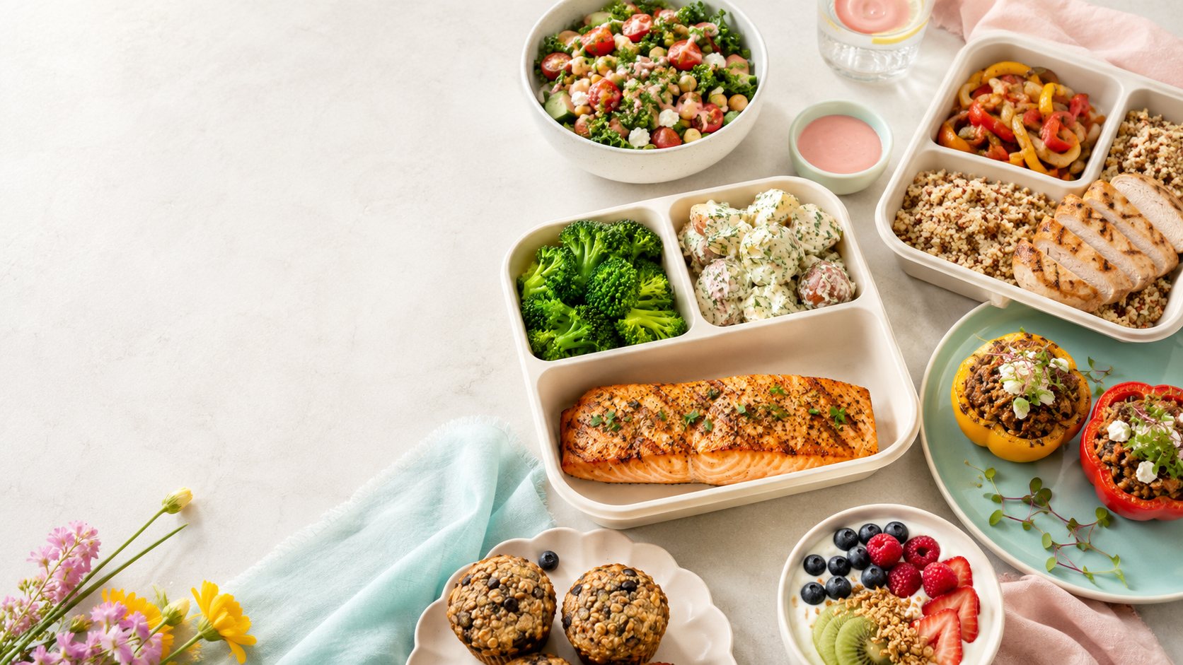 A colorful spread of fresh Bailee's Plate meals — bento boxes, bowls and snacks with fruit and veggies