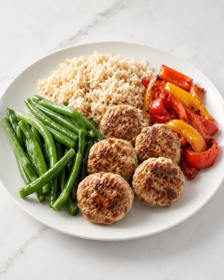 Chicken meatballs with rice, green beans and peppers