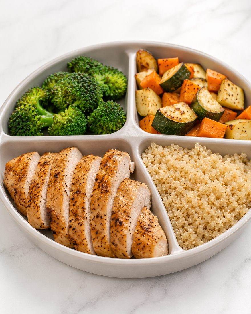 A balanced kids' plate with grilled chicken, quinoa and broccoli