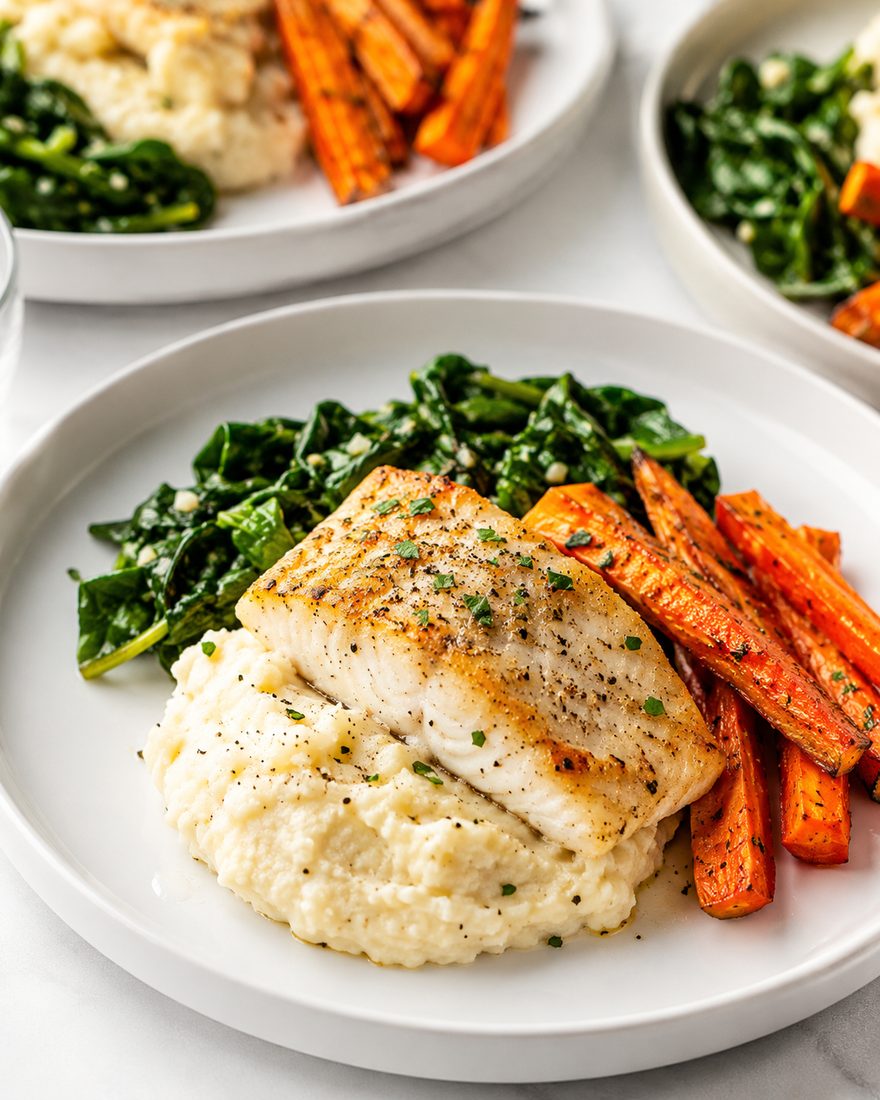 A plated fish dinner with creamy mash and roasted veggies