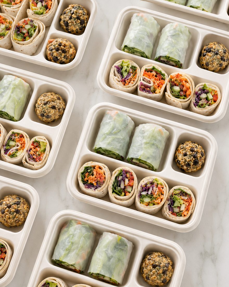 Fresh spring rolls and grain balls portioned in meal-prep boxes
