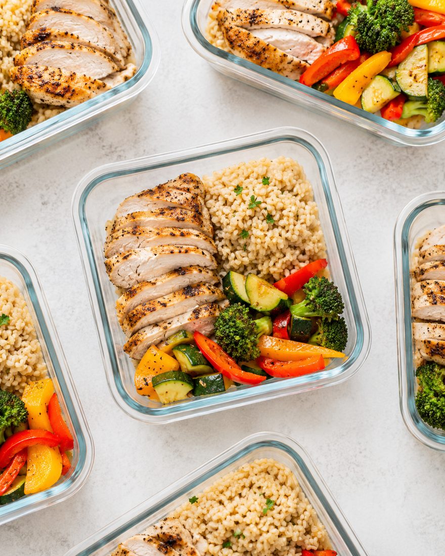 Fresh weekly meal-prep boxes with chicken, couscous and vegetables