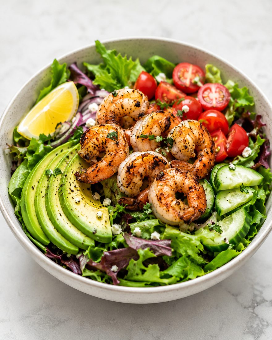 A fresh shrimp and avocado salad bowl