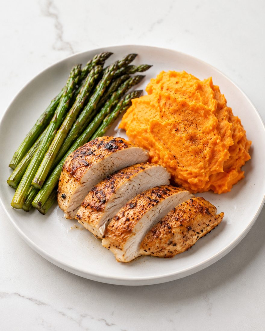 Grilled chicken with sweet potato mash and asparagus