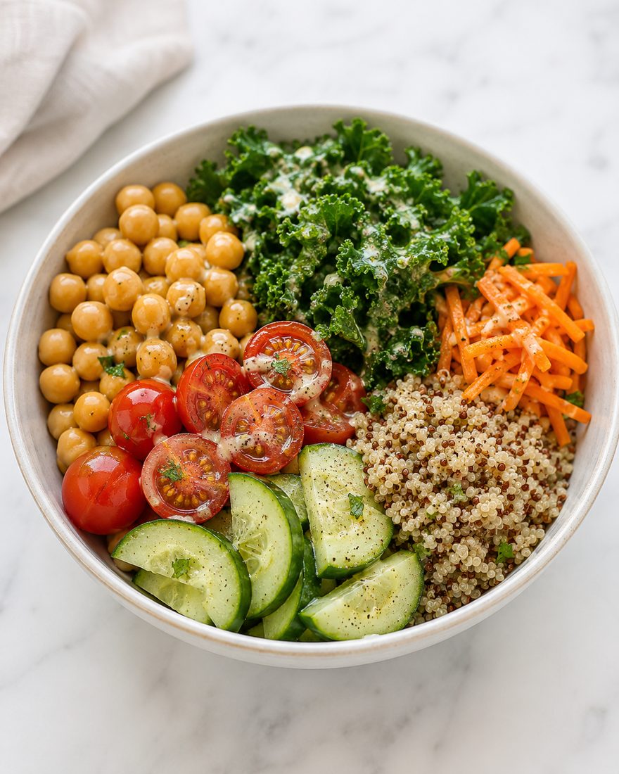 A colorful grain and chickpea power bowl