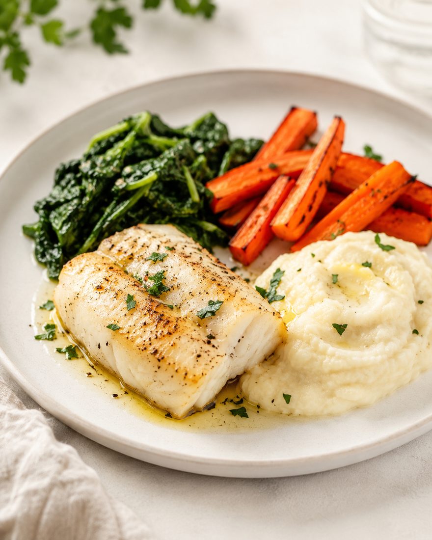 Baked fish with mashed potato, carrots and greens