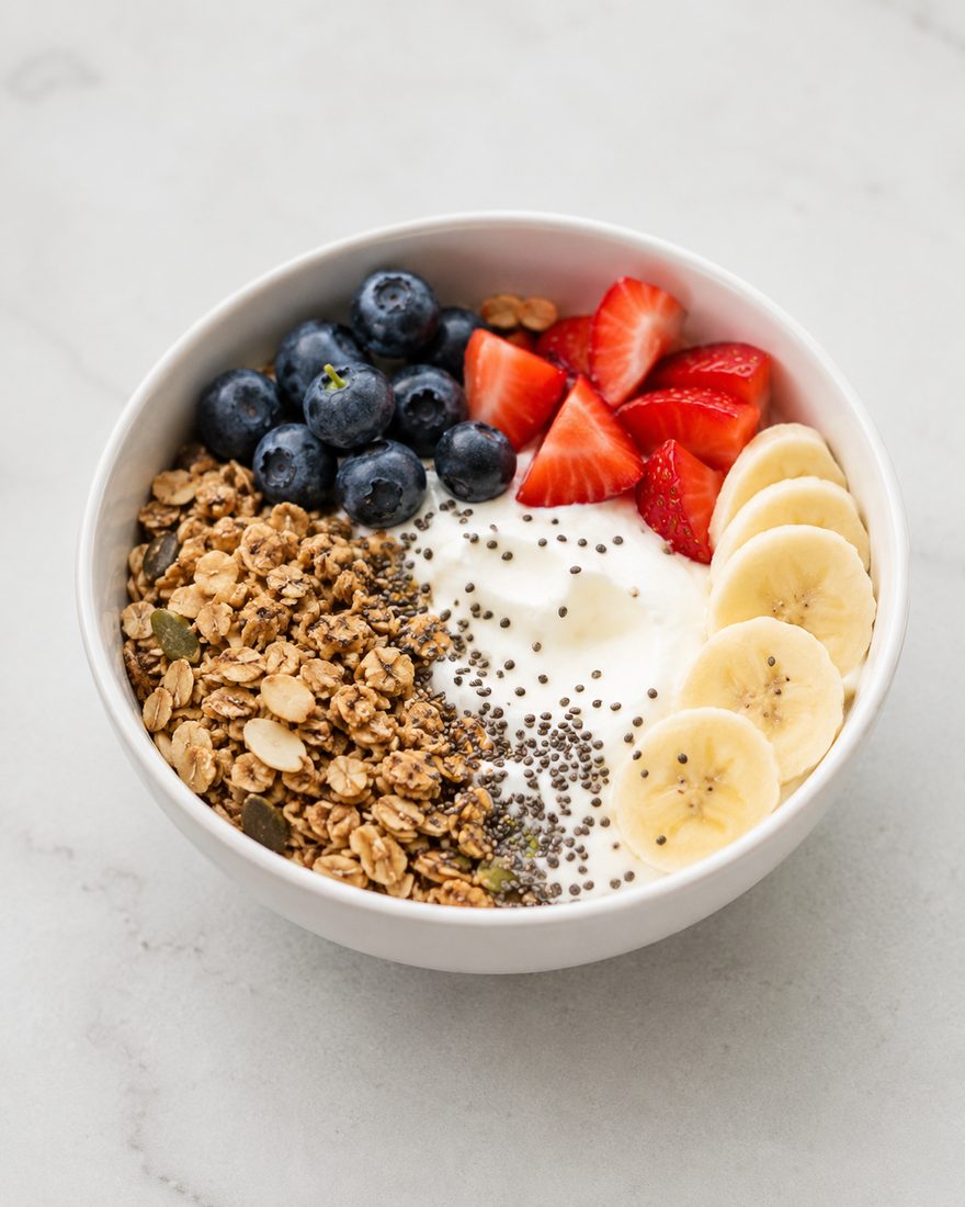 A yogurt bowl with granola, berries and banana