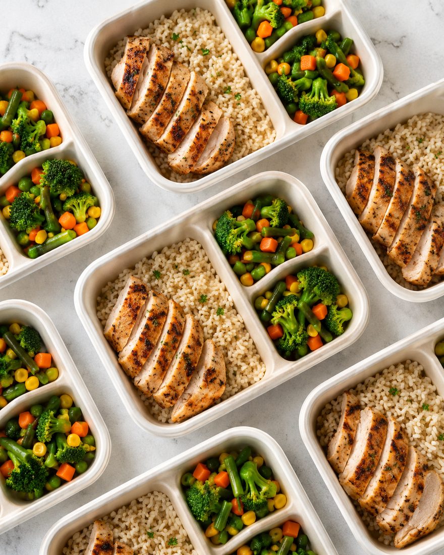 Rows of fresh meal-prep boxes with chicken, quinoa and veggies