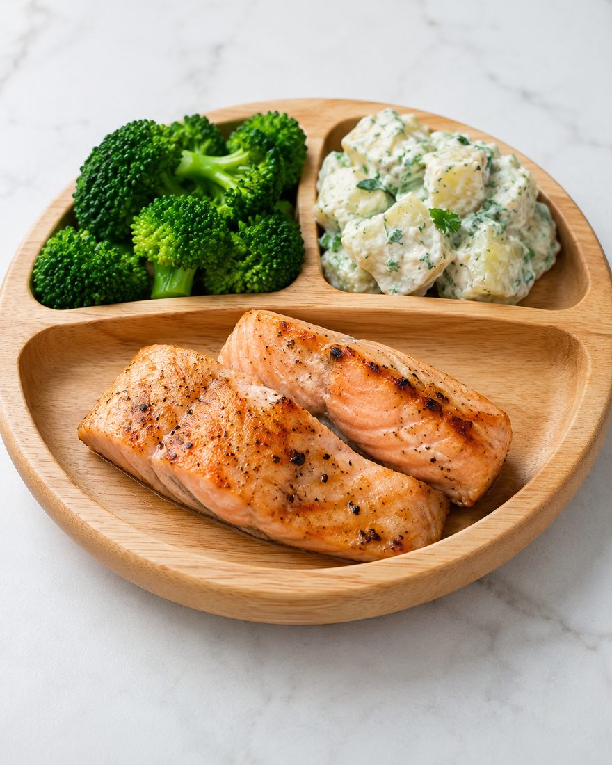 A kids' plate with salmon, broccoli and potato salad